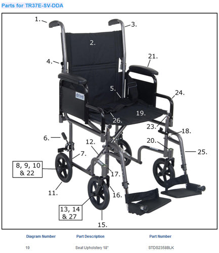 Seat Upholstery only for Drive Transport Chair 18 x16  Black (Wheelchair - Transport) - Img 1