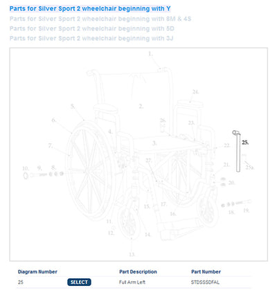 Full Arm Assembly for Drive Silver Sport  Left  1ea (Wheelchair - Accessories/Parts) - Img 1