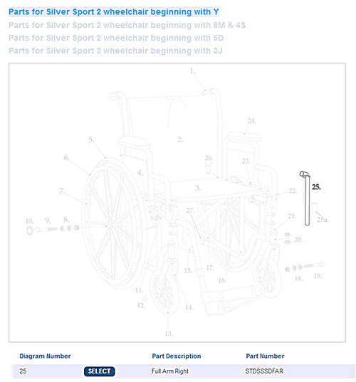 Full Arm Assembly for Drive Silver Sport  Right  1ea (Wheelchair - Accessories/Parts) - Img 1