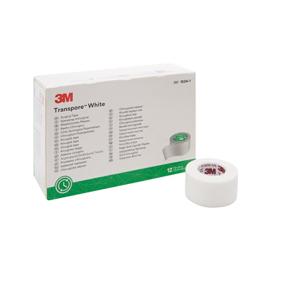 3M™ Transpore™ Plastic Medical Tape, 1 Inch x 10 Yard, White, 1 Box of 12 (General Wound Care) - Img 1