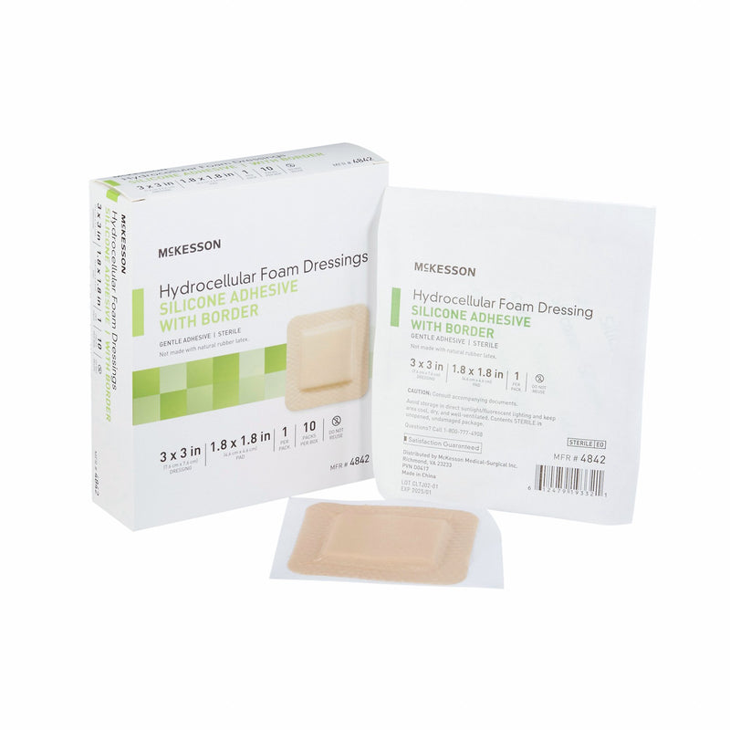 McKesson Silicone Adhesive with Border Silicone Foam Dressing, 3 x 3 Inch, 1 Box of 10 (Advanced Wound Care) - Img 1