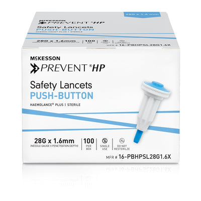 McKesson Prevent® HP Push Button Safety Lancet, 28 Gauge, 1 Box of 100 (Diabetes Monitoring) - Img 1