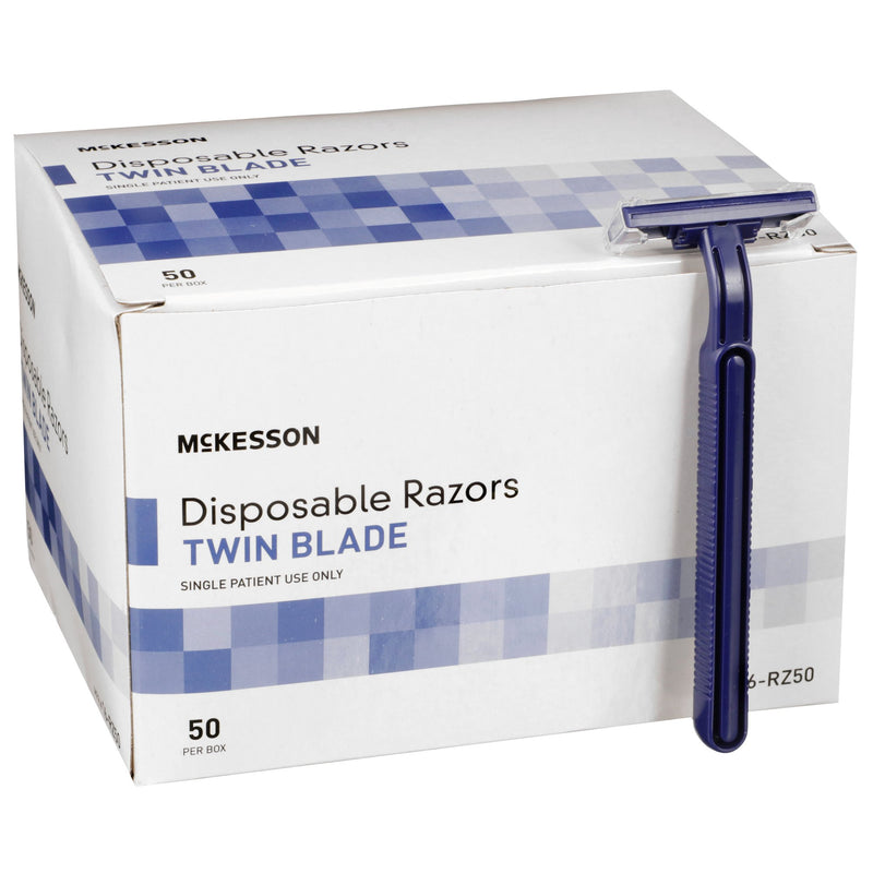 McKesson Twin-Blade Disposable Razor, Blue, 1 Box of 50 (Hair Removal) - Img 1