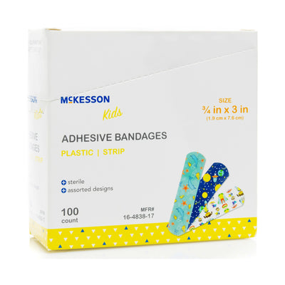 McKesson Kids™ Kid Design (Assorted Prints) Adhesive Strip, 3/4 x 3 Inch, 1 Box of 100 (General Wound Care) - Img 1