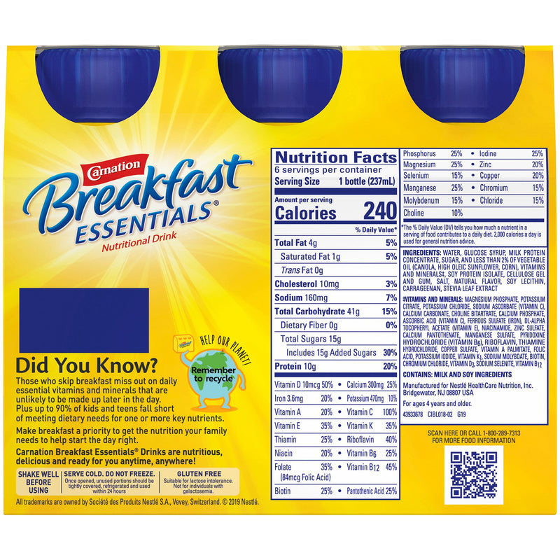 Carnation Breakfast Essentials® Vanilla Oral Supplement, 8 oz. Bottle, 1 Pack of 6 (Nutritionals) - Img 4