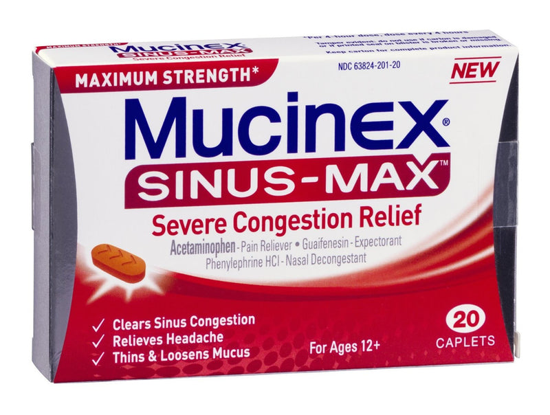 Mucinex Sinus-Max Severe Congestion & Pain Caplets, 1 Carton of 20 (Over the Counter) - Img 1