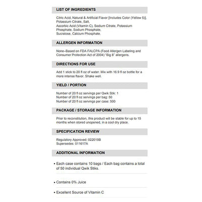 Sqwincher® Quik Stik® Zero Lemonade Electrolyte Replenishment Drink Mix, 0.11 oz. Packet, 1 Pack of 50 () - Img 2