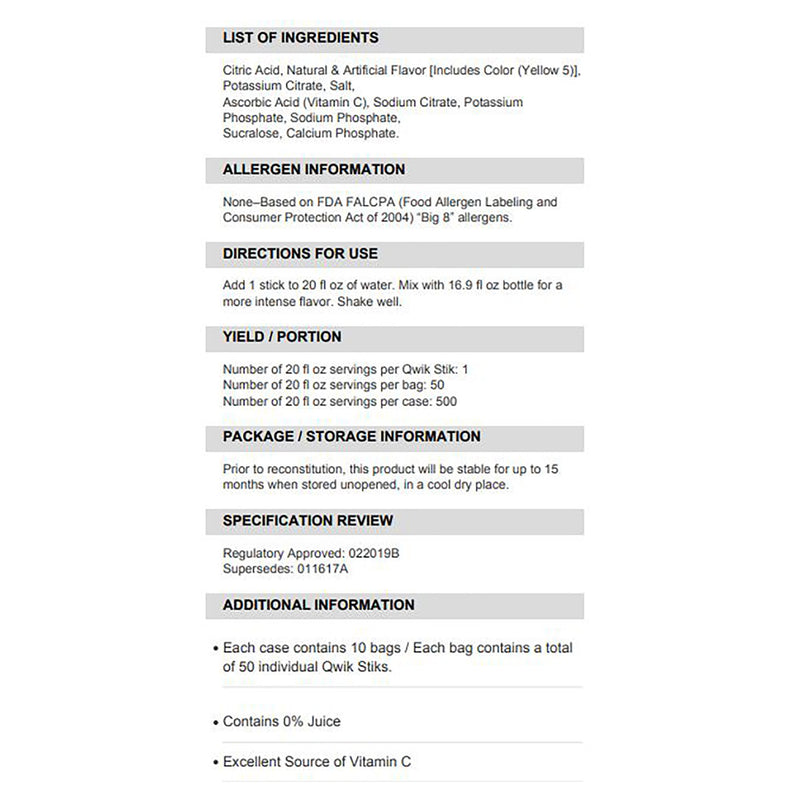 Sqwincher® Quik Stik® Zero Lemonade Electrolyte Replenishment Drink Mix, 0.11 oz. Packet, 1 Case of 500 () - Img 2