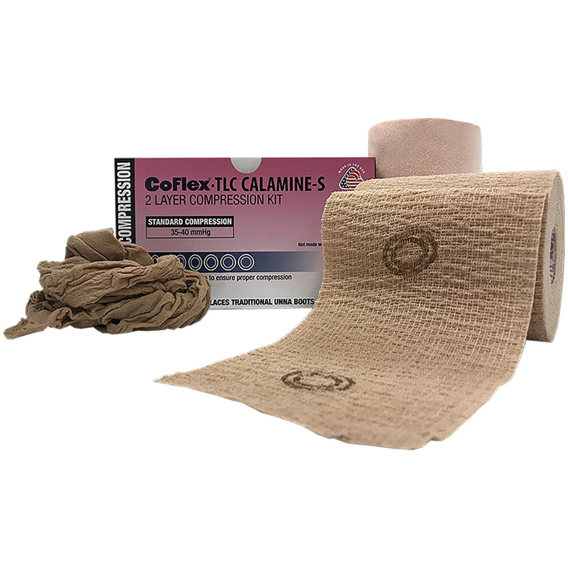 CoFlex® TLC Calamine with Indicators Self-adherent / Pull On Closure 2 Layer Compression Bandage System, 4 Inch x 6 Yard / 4 Inch x 7 Yard, 1 Box of 2 (General Wound Care) - Img 1
