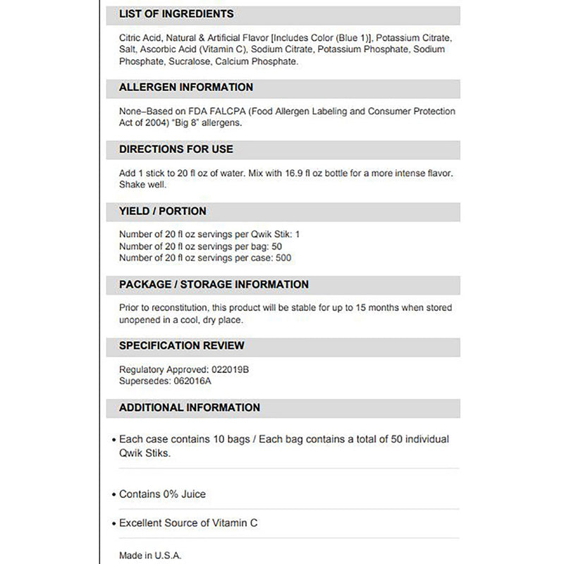 Sqwincher® Quik Stik® Zero Mixed Berry Electrolyte Replenishment Drink Mix, 0.11 oz. Packet, 1 Case of 500 () - Img 2