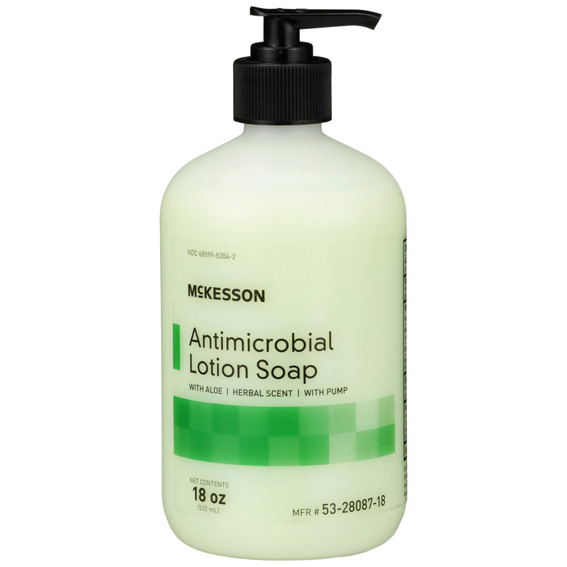 McKesson Antimicrobial Lotion Soap, Herbal Scent, 18 oz, Pump Bottle, Green, 0.95% Strength, 1 Case of 12 (Skin Care) - Img 1