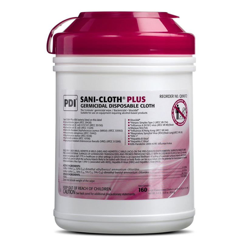 Sani-Cloth® Plus Germicidal Wipe Disinfectant Cleaner, Non-Sterile Canister, 6 x 6¾ Inch, 1 Box of 160 (Cleaners and Disinfectants) - Img 1