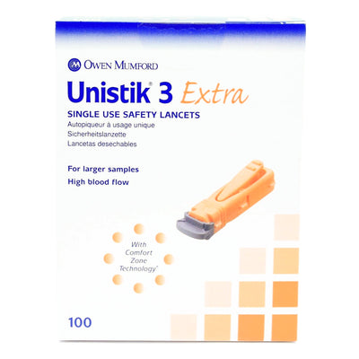 Unistik® 3 Extra Safety Lancet, 1 Box of 100 (Diabetes Monitoring) - Img 1