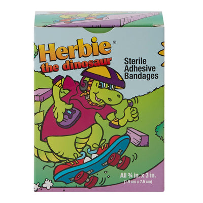 American® White Cross Stat Strip® Kid Design (Herbie the Dinosaur) Adhesive Strip, ¾ x 3 Inch, 1 Case of 1200 (General Wound Care) - Img 2