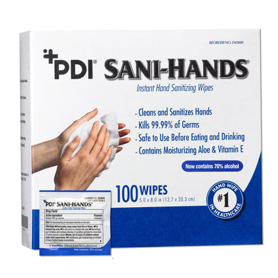 Sani-Hands Hand Sanitizing Wipes, Ethyl Alcohol, Unscented, 5 X 8 Inch, 1 Box of 100 (Skin Care) - Img 1