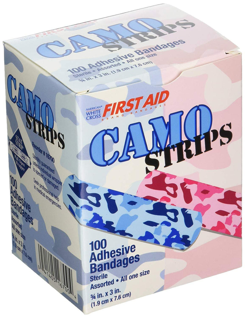 American® White Cross Stat Strip® Kid Design (Blue / Pink Camo) Adhesive Strip, 3/4 x 3 Inch, 1 Box of 100 (General Wound Care) - Img 1