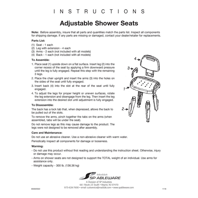 Maddak Adjustable Shower Seat with Arms and Back, 1 Each (Commode / Shower Chairs) - Img 3